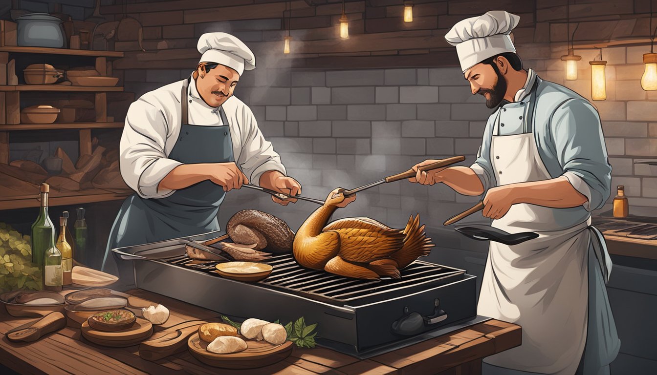 A chef grilling a fresh goose over an open flame while another chef prepares a frozen goose for roasting in a rustic kitchen