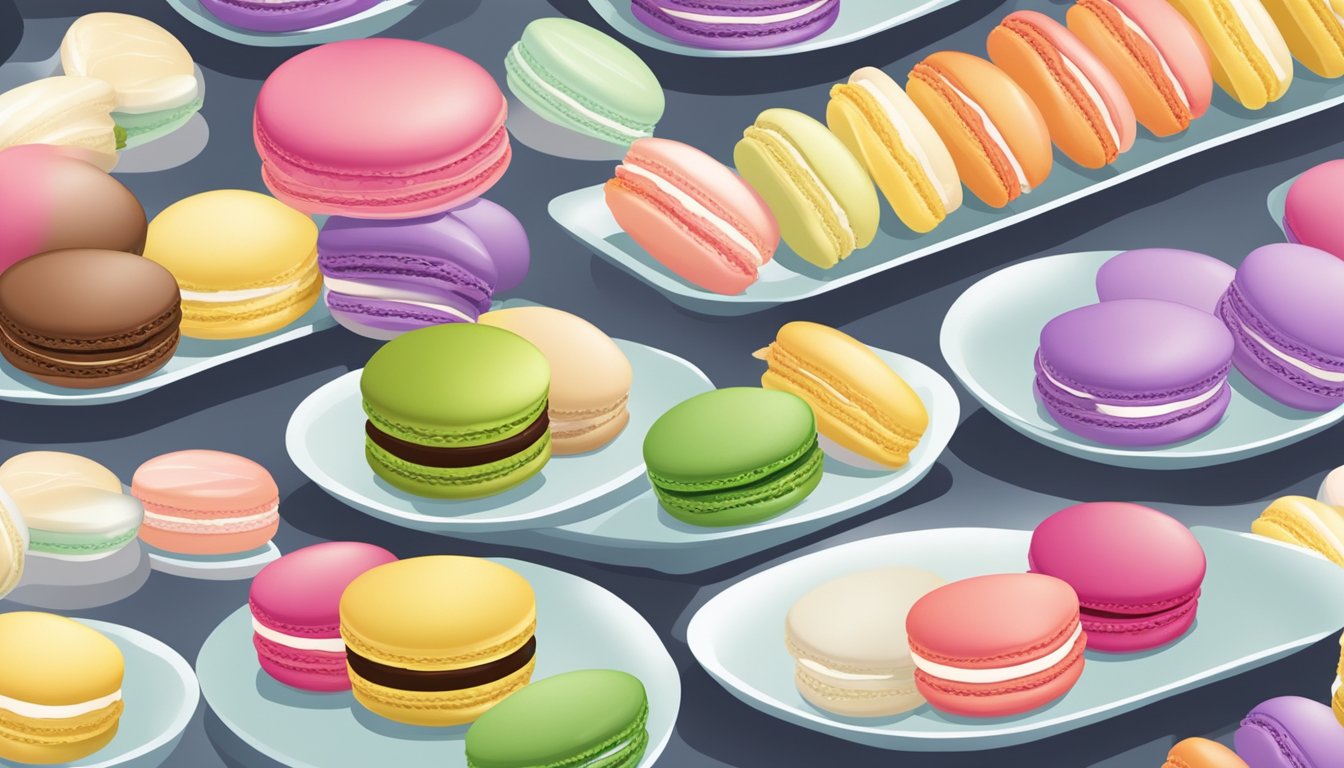 A table with a variety of fresh and frozen macarons neatly arranged on separate plates, with nutritional labels and ingredients displayed alongside each