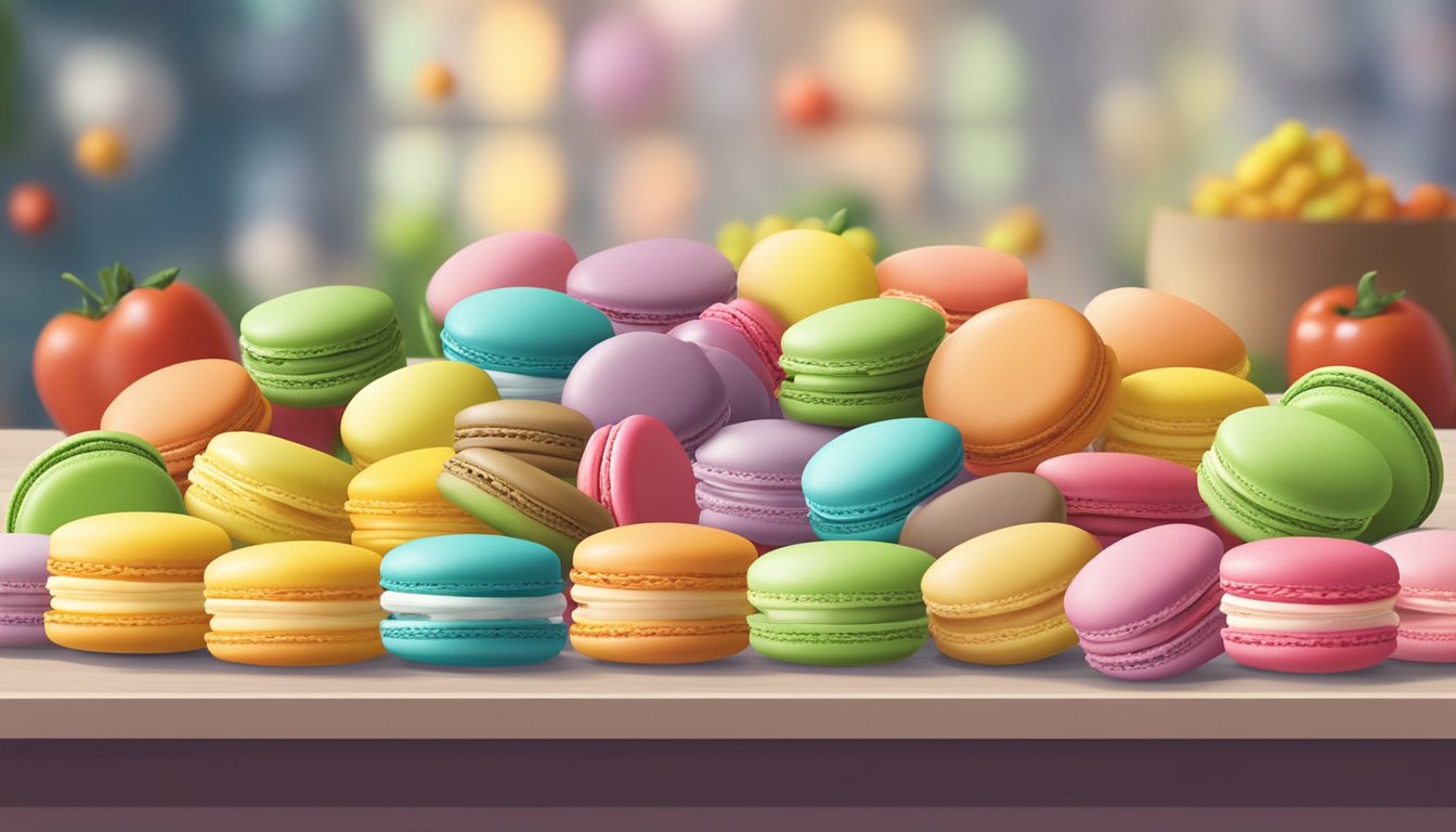 A colorful array of fresh and frozen macarons arranged on a table, with fruits and vegetables in the background