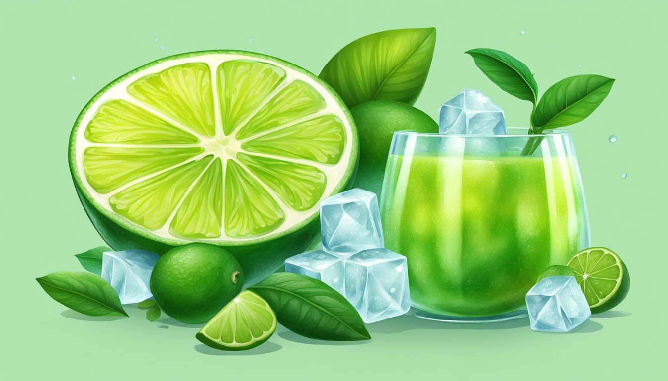 A vibrant lime cut in half, one side fresh and juicy, the other frozen and crystallized, surrounded by citrus leaves and a glass of lime juice