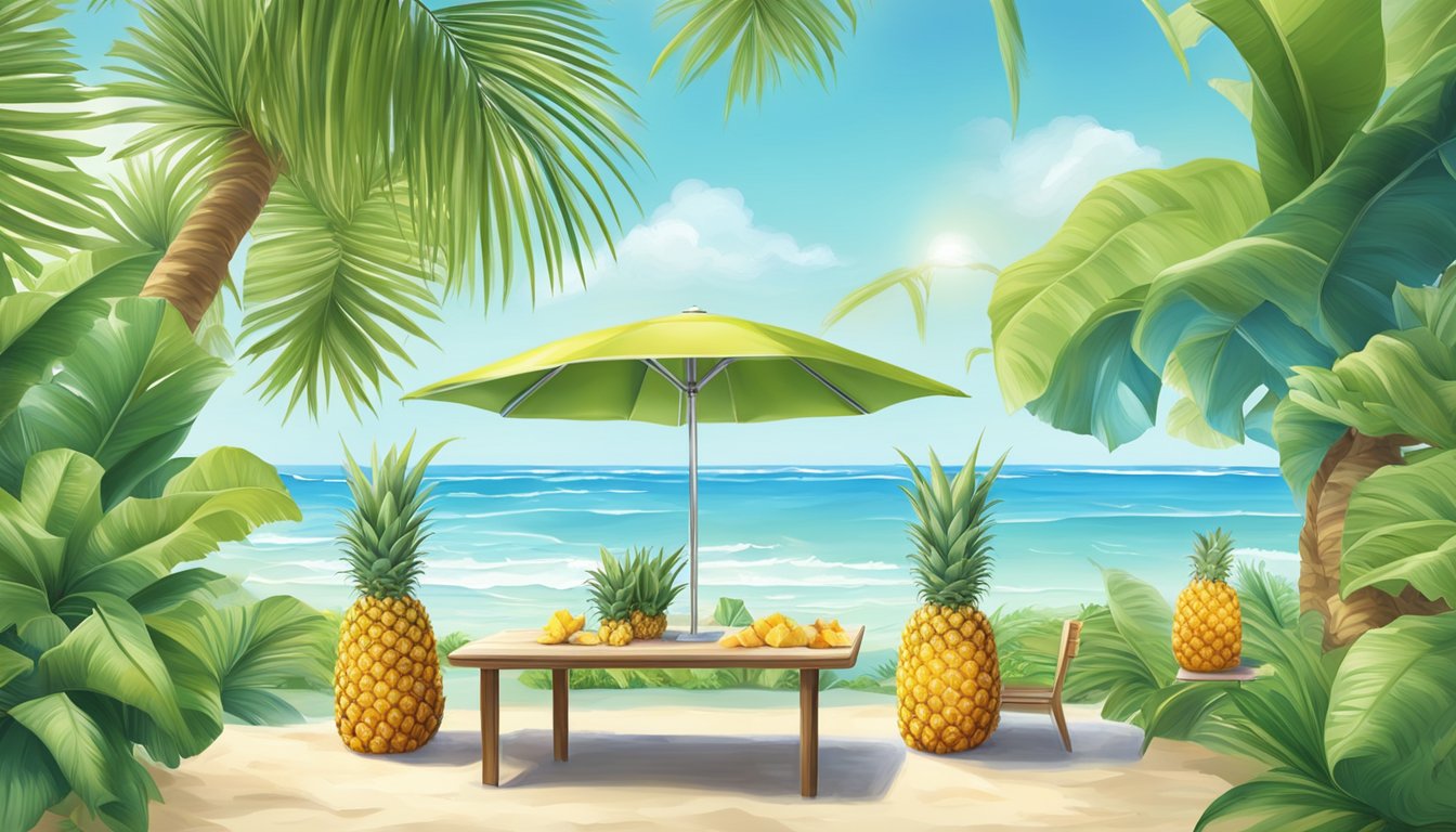 A tropical beach setting with a table displaying fresh and frozen pineapples, surrounded by lush greenery and a clear blue sky