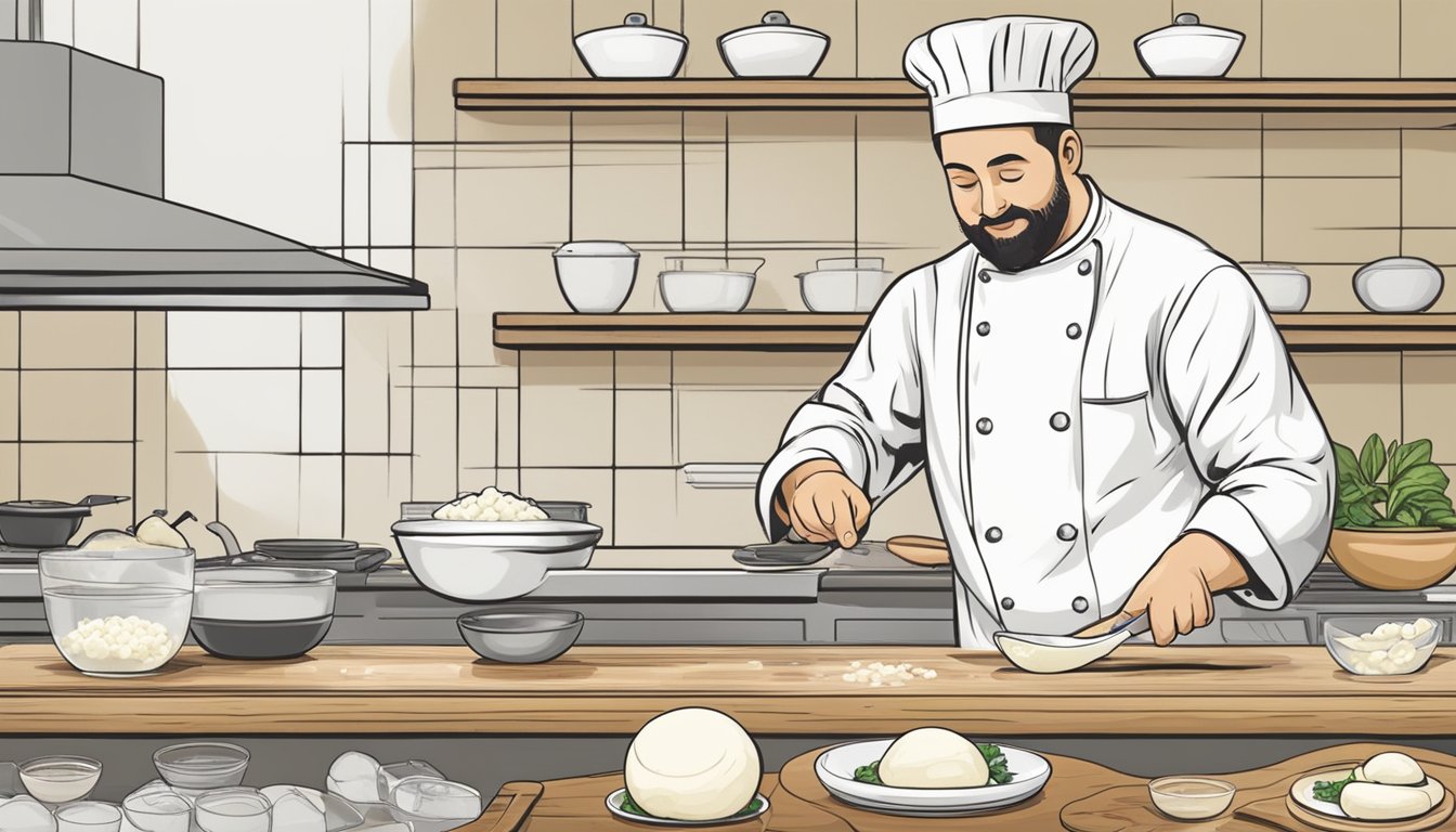 A chef samples fresh and frozen mozzarella, noting the differences in taste, texture, and potential culinary uses