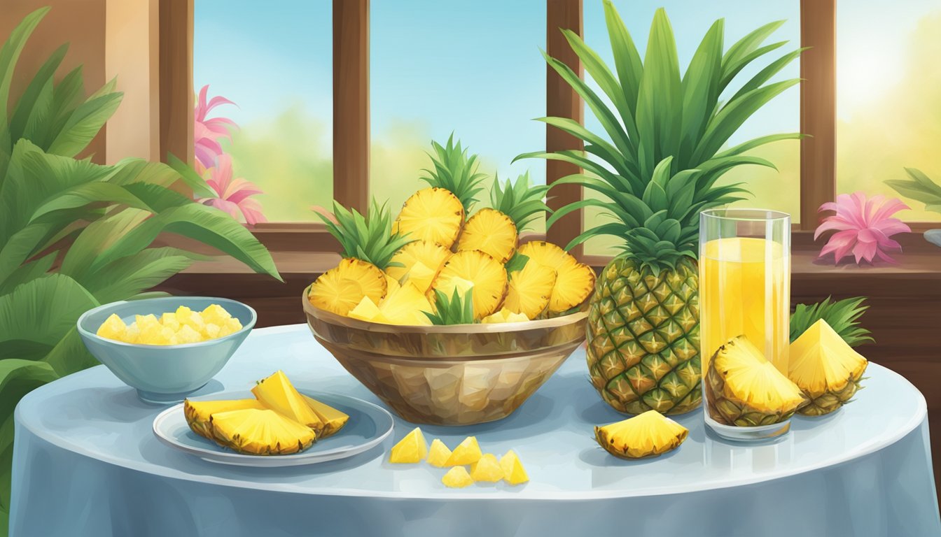 A vibrant tropical scene with a table set for a taste test, featuring a bowl of fresh pineapple and a platter of pineapple slices on ice