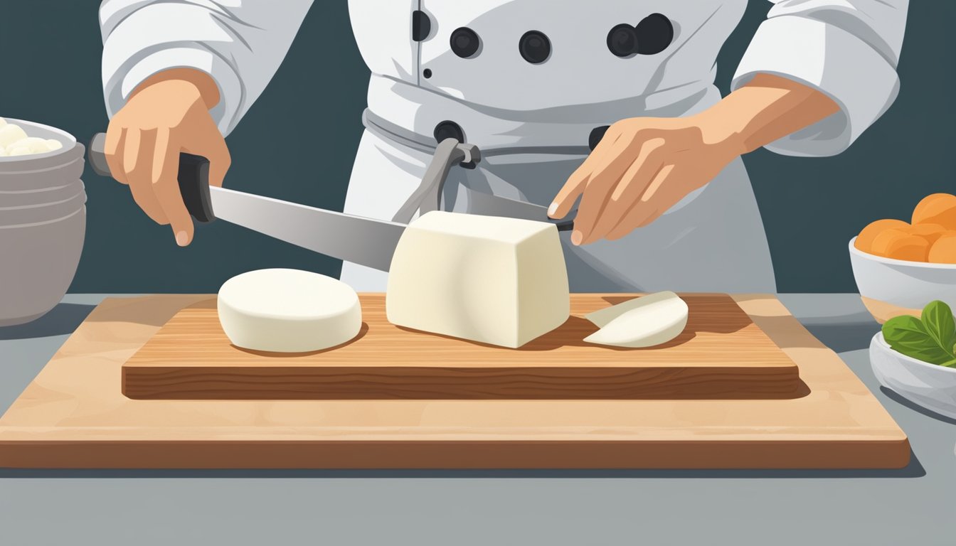 A chef slicing fresh mozzarella while a block of frozen mozzarella thaws on a cutting board, showcasing the difference in texture and culinary potential