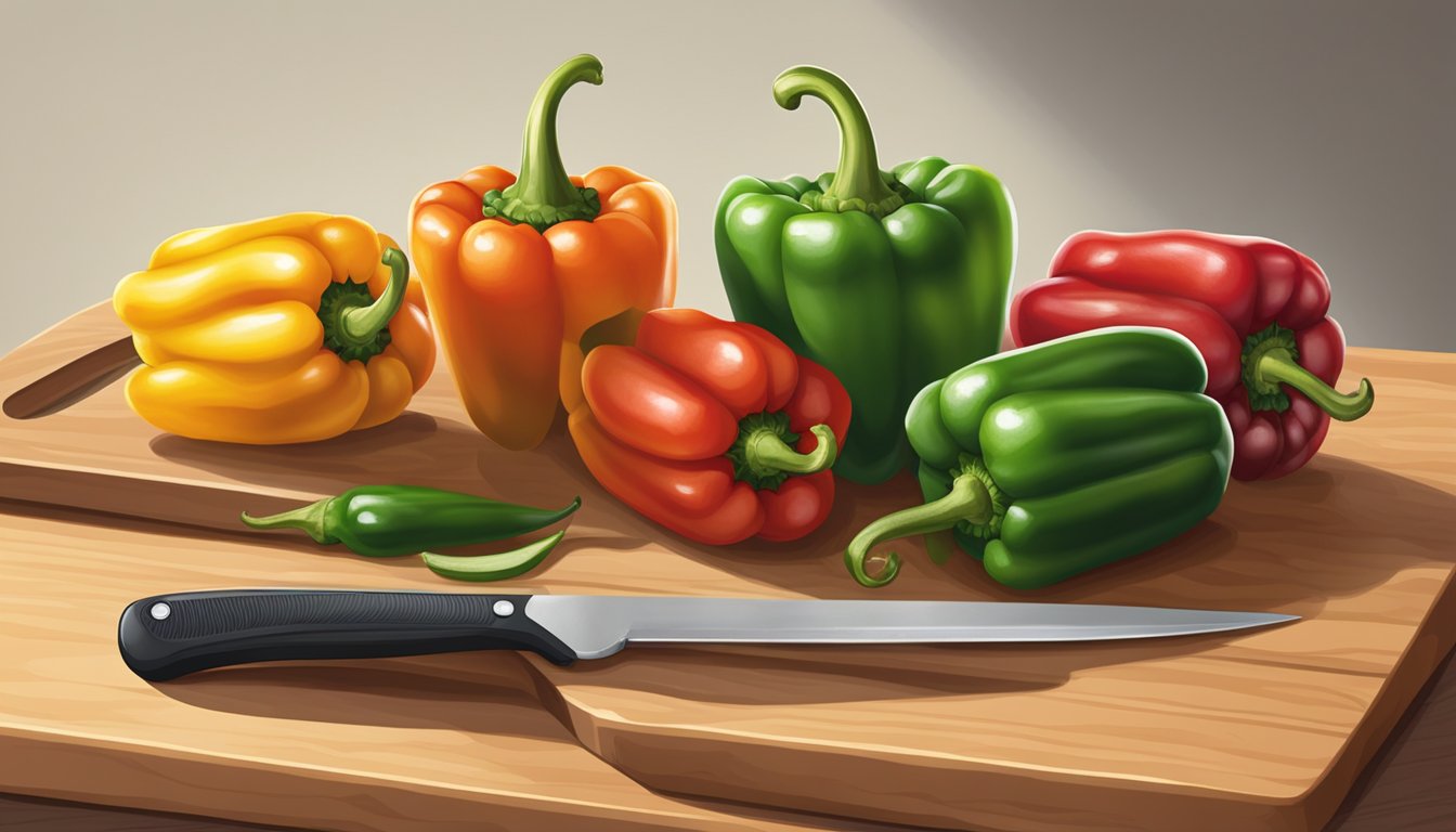 A pile of fresh and frozen peppers arranged side by side on a cutting board, with a knife slicing through one of each to show the comparison in texture and color