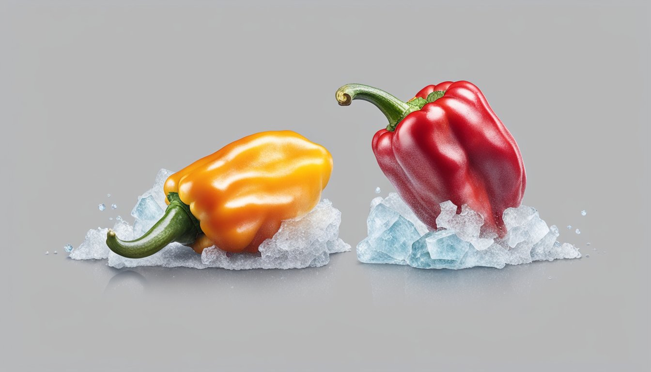 A split image of a vibrant, fresh pepper next to a wilted, icy frozen pepper on a clean, white surface