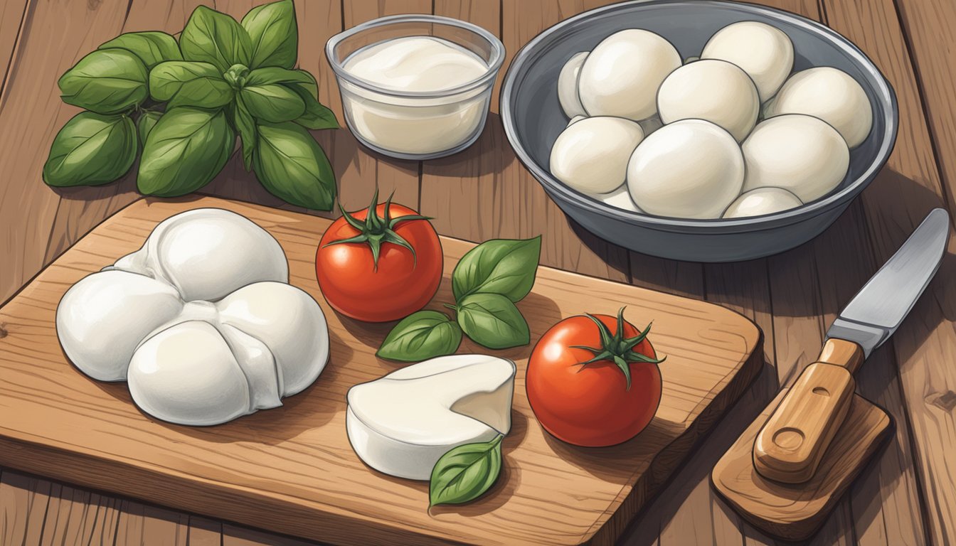 A platter with two types of mozzarella: one fresh, the other frozen. Fresh mozzarella sits on a rustic wooden board, while frozen mozzarella is in a clear plastic bag. Both are surrounded by ingredients like tomatoes, basil, and olive oil