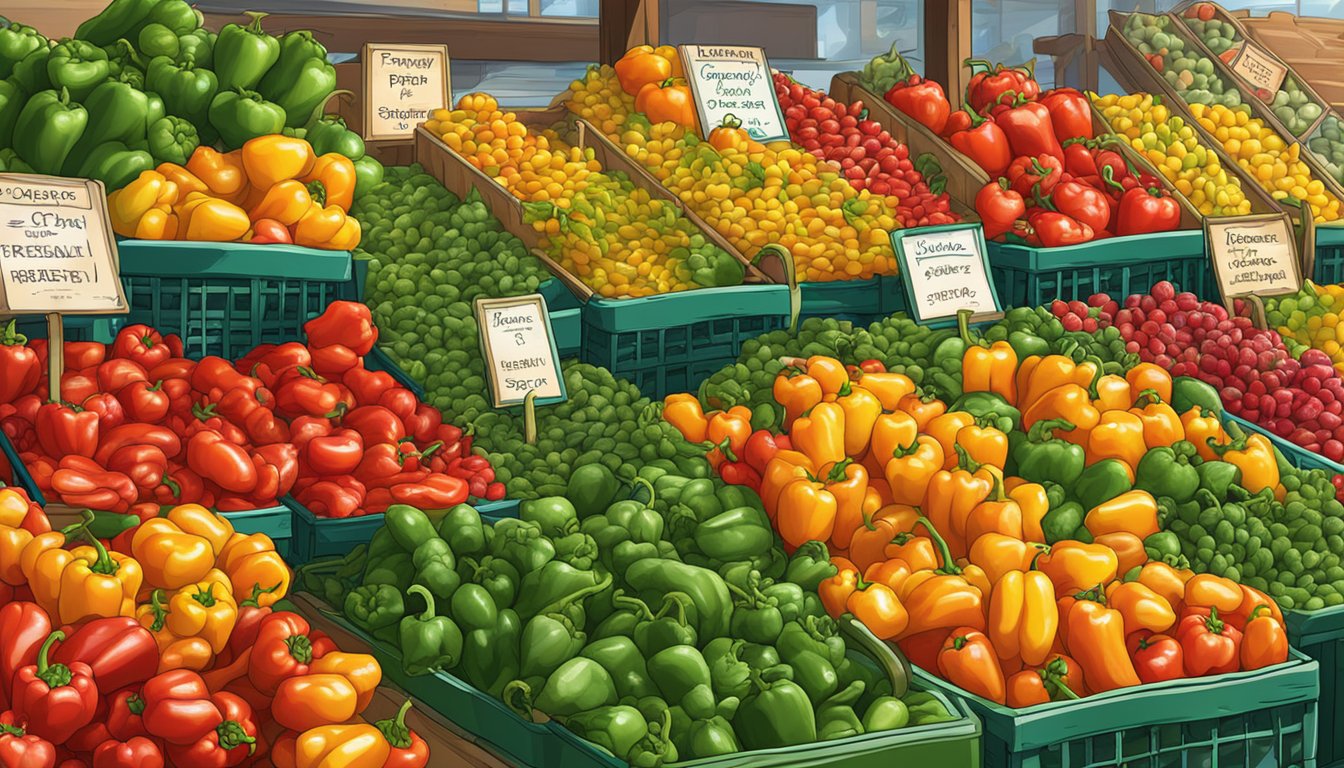 A vibrant market display contrasts fresh and frozen peppers