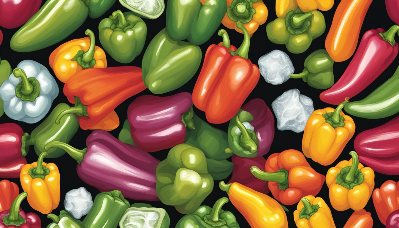 A vibrant display of fresh and frozen peppers side by side, highlighting their differences in color, texture, and overall appearance