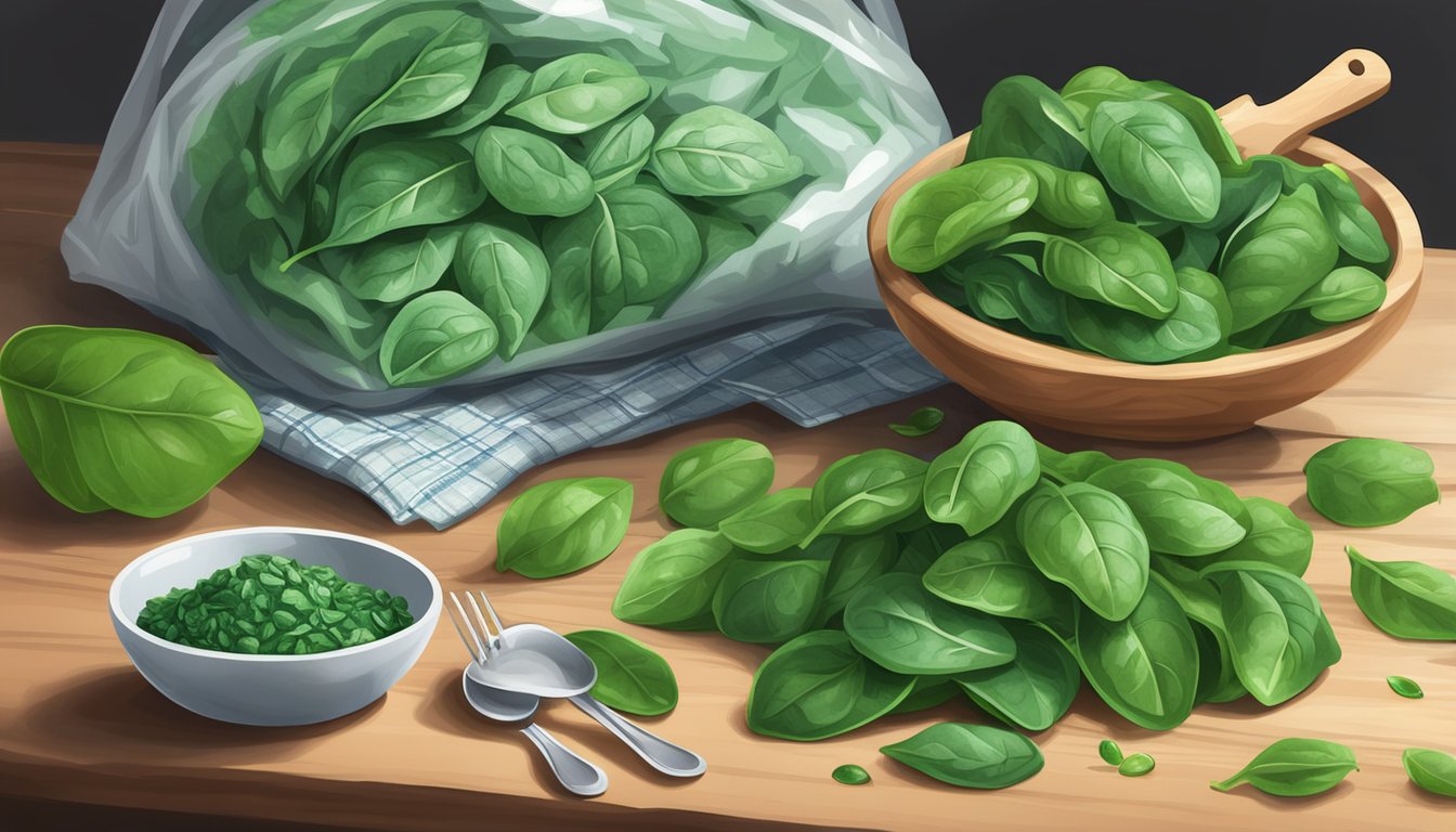 A pile of fresh spinach leaves sits next to a bag of frozen spinach, with measuring cups and spoons nearby for weight conversion