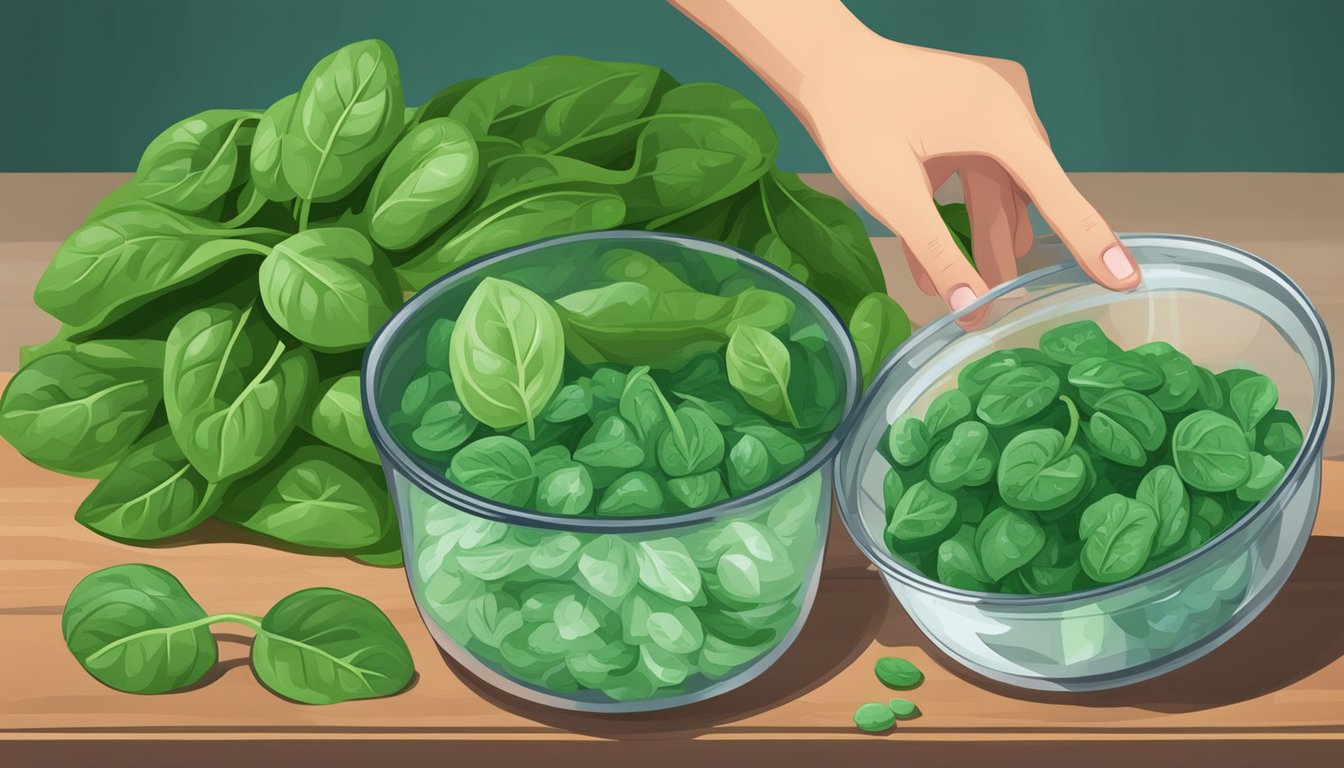 A hand holding a bag of frozen spinach next to a pile of fresh spinach, with measuring cups and a scale nearby for weight conversion