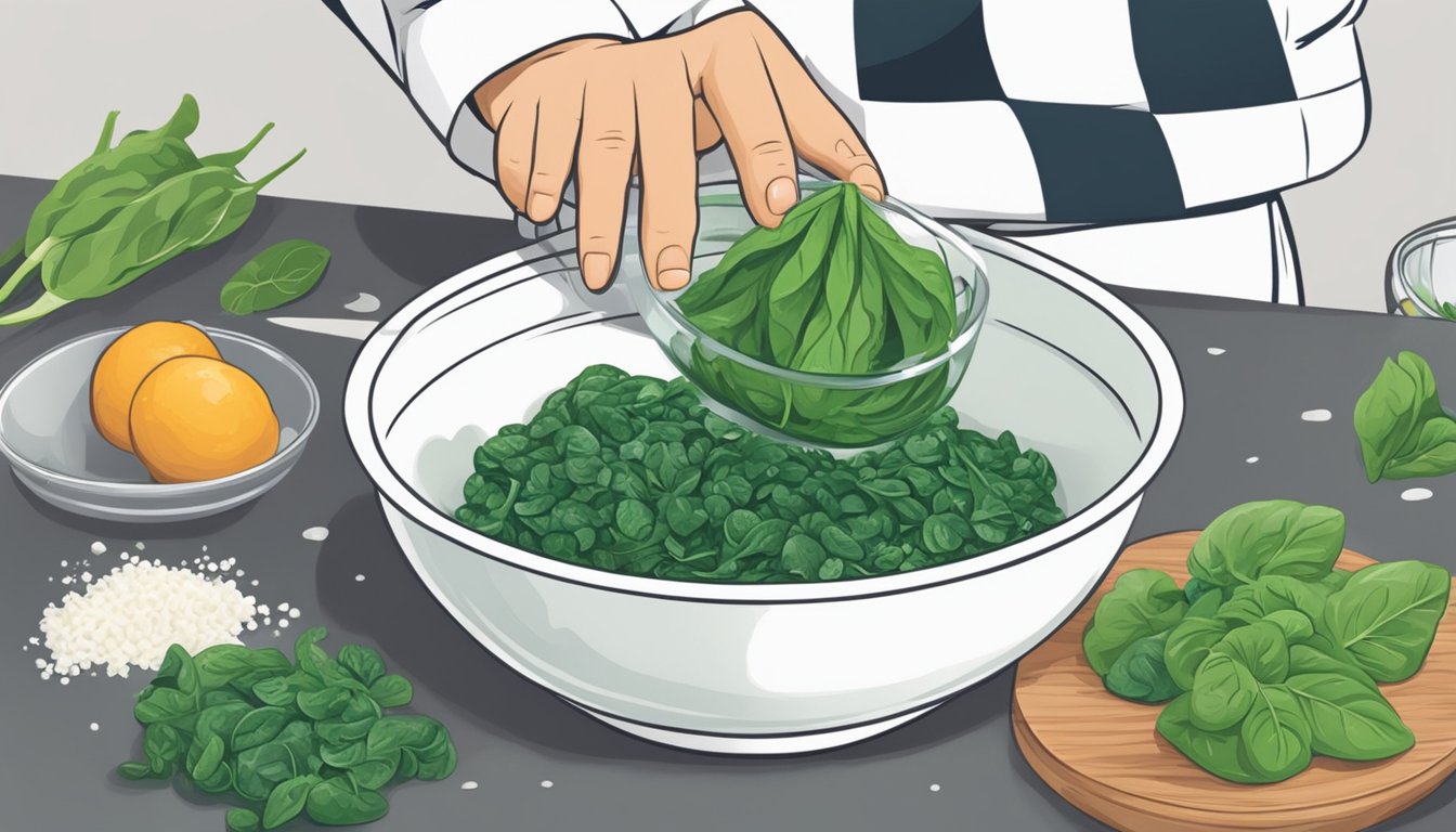 A chef adding equal parts of frozen and fresh spinach to a mixing bowl