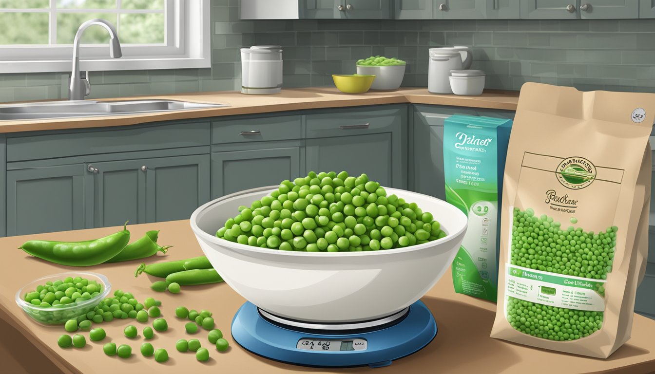 A kitchen counter with fresh peas in a bowl next to a bag of frozen peas. A nutrition label and a timer are visible