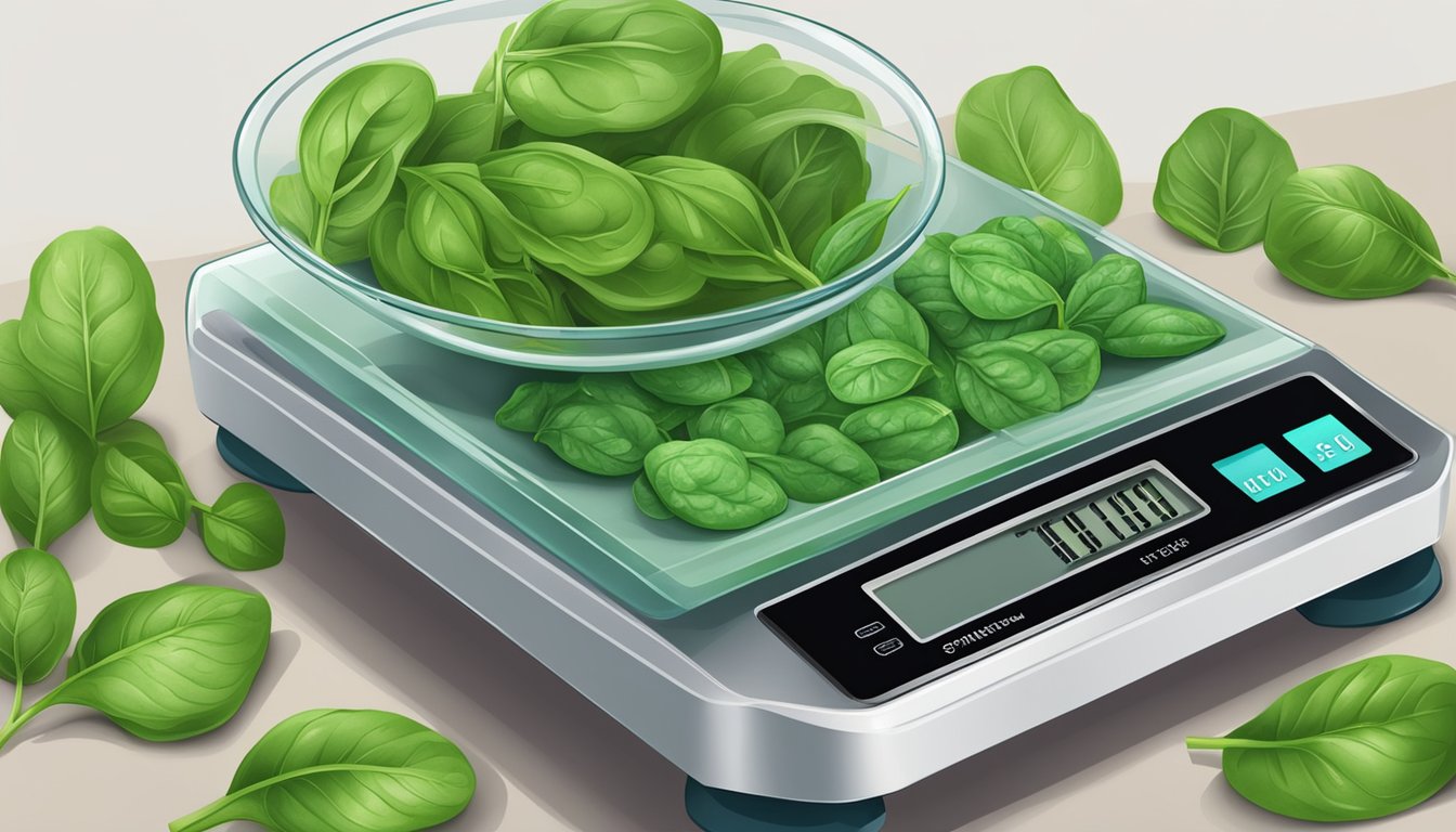 A scale weighing fresh spinach and frozen spinach bags