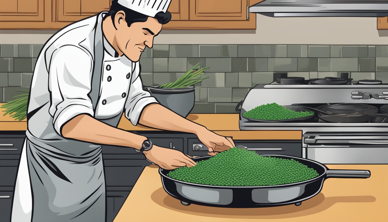 A chef sprinkles fresh chives onto a sizzling skillet, while a jar of freeze-dried chives sits nearby, showcasing the comparison of flavor and nutrition in culinary uses