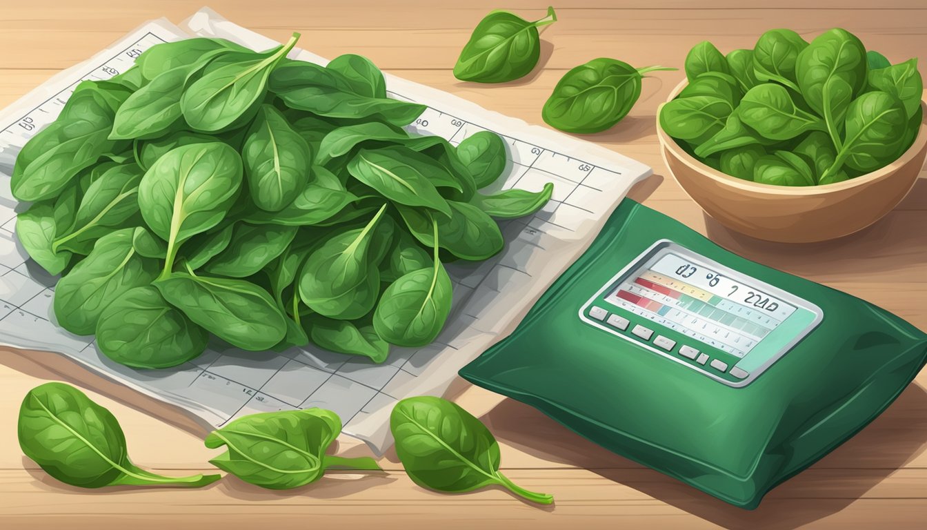 A pile of fresh spinach next to a bag of frozen spinach, with a measuring scale and conversion chart in the background