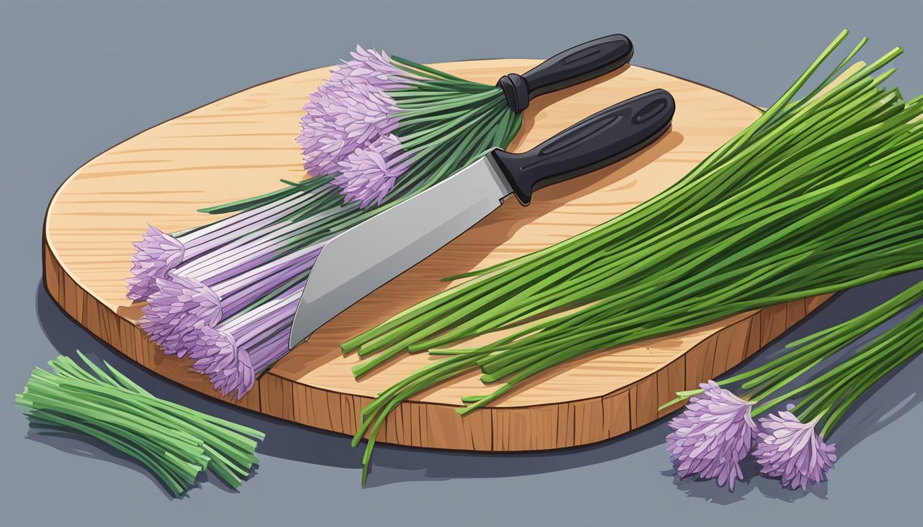 A vibrant bunch of fresh chives sits next to a pile of freeze-dried chives. A chef's knife and cutting board are nearby, ready for use