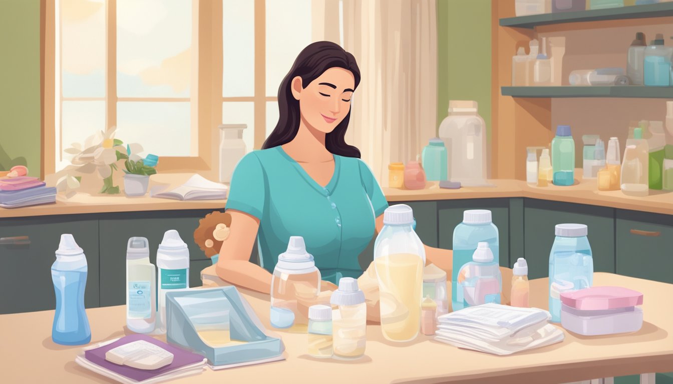 A mother sits with a breast pump and bottles of fresh and frozen breast milk on a table, surrounded by nursing supplies and a guidebook