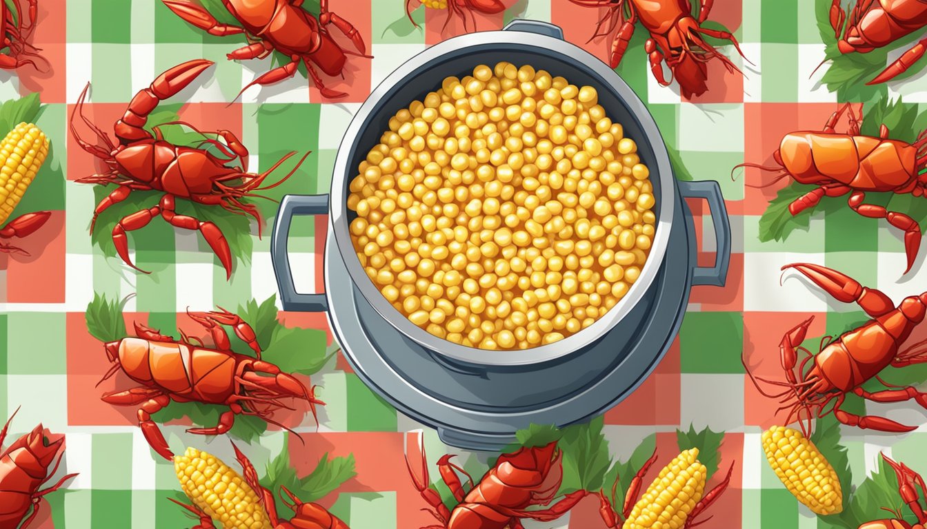 A steaming pot of crawfish boil surrounded by fresh and frozen corn on a checkered tablecloth