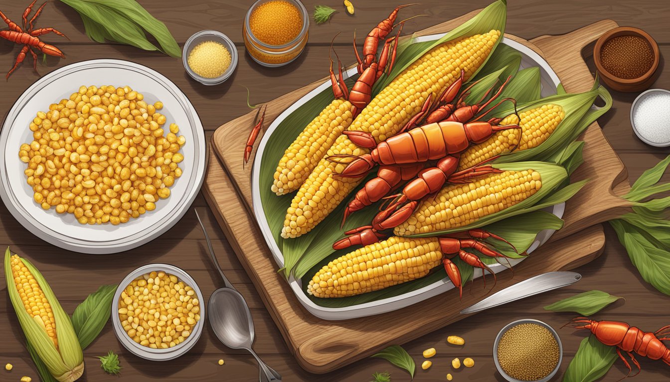 A wooden table covered in fresh and frozen corn, various spices, and a pot of boiling crawfish