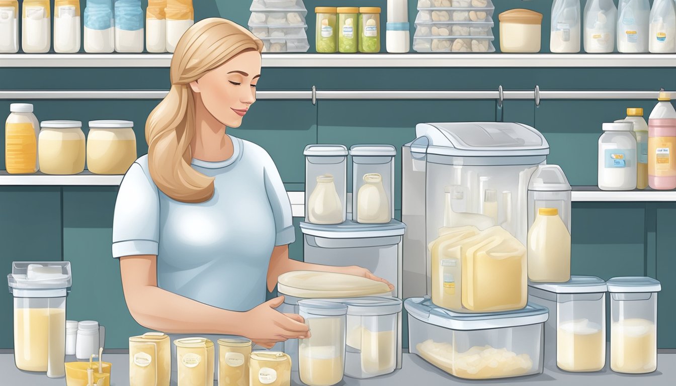 A mother pumping breast milk into storage bags, labeling and organizing them in a freezer