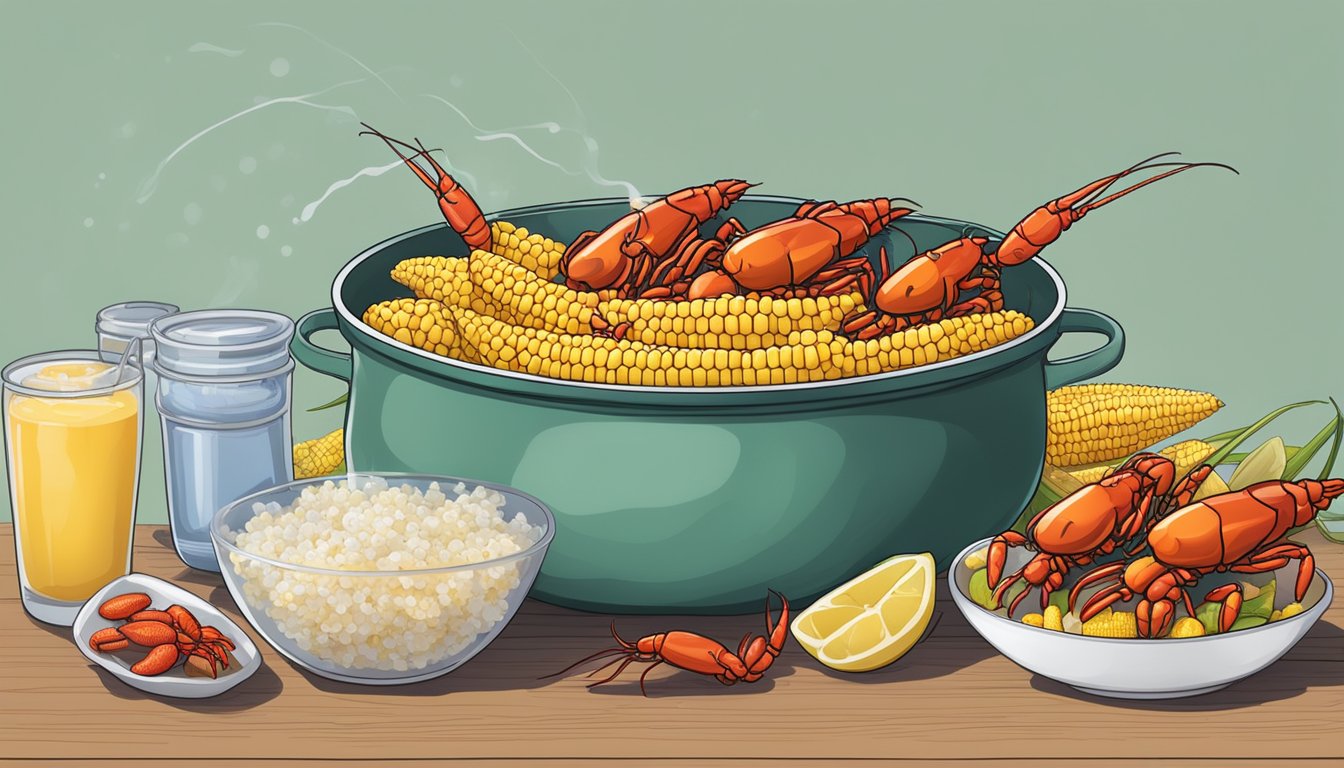 A pot of boiling water with fresh and frozen corn, and a basket of crawfish being added