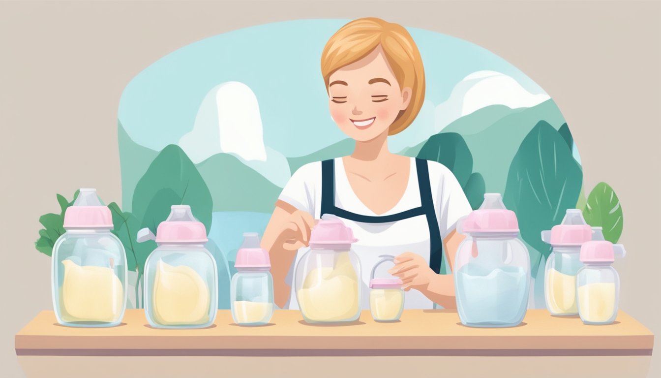 A caregiver pours fresh and frozen breast milk into separate bottles, ready to feed a toddler