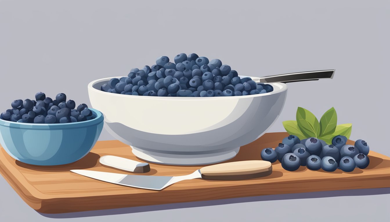 A table with a bowl of fresh blueberries next to a bowl of frozen blueberries. A chef's knife and cutting board are nearby, along with various cooking utensils