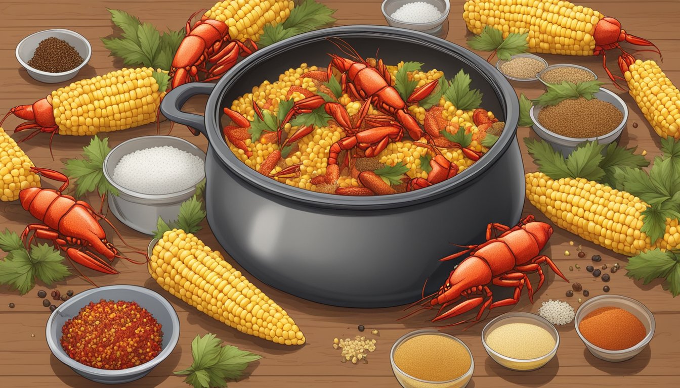 A bubbling pot of crawfish boil surrounded by fresh and frozen corn, with various spices and seasonings being added for diverse flavors