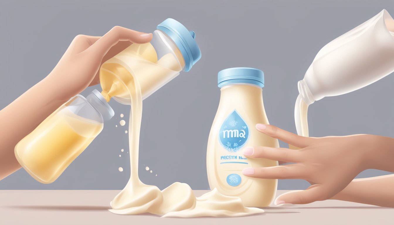 A mother's hand pours fresh breast milk into a bottle, while a separate hand reaches for a bag of frozen breast milk