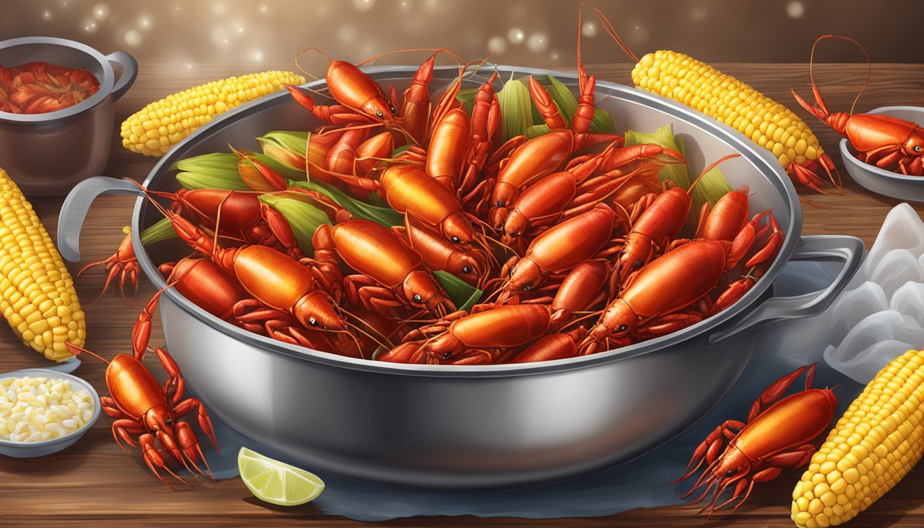 A boiling pot of crawfish surrounded by fresh and frozen corn on a wooden table