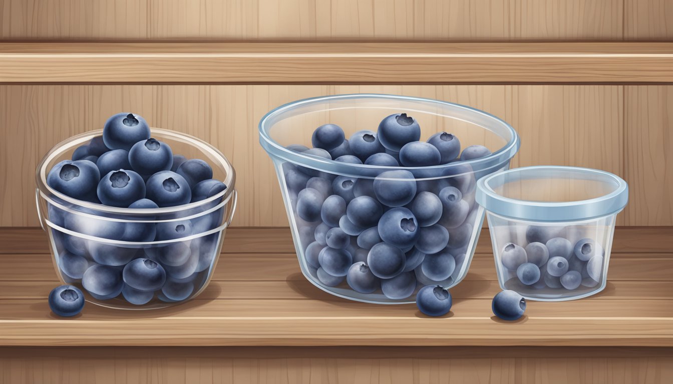 A side-by-side comparison of frozen and fresh blueberries on a wooden shelf, with the frozen blueberries in a clear plastic bag and the fresh blueberries in a small basket