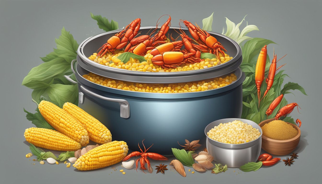 A large pot filled with boiling water, fresh and frozen corn, and a pile of live crawfish waiting to be added, surrounded by various spices and seasonings