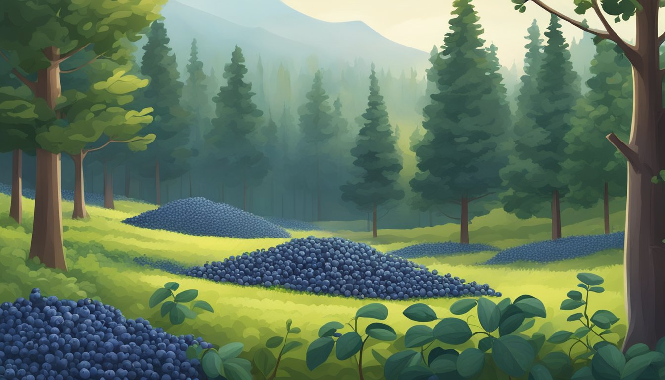 A lush forest with wild blueberry bushes on one side, and a neat cultivated blueberry farm on the other. Some blueberries are frozen, others fresh