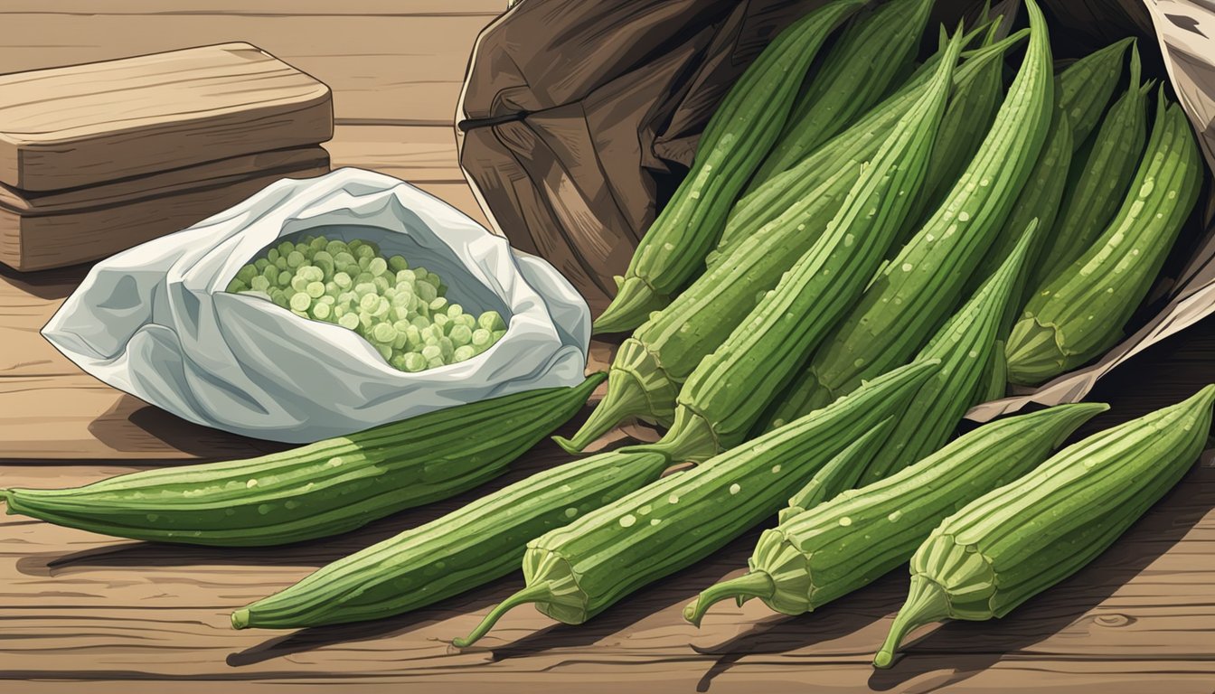 A pile of fresh okra and a bag of frozen okra sit side by side on a rustic wooden table, showcasing the contrast between the two forms of the southern staple