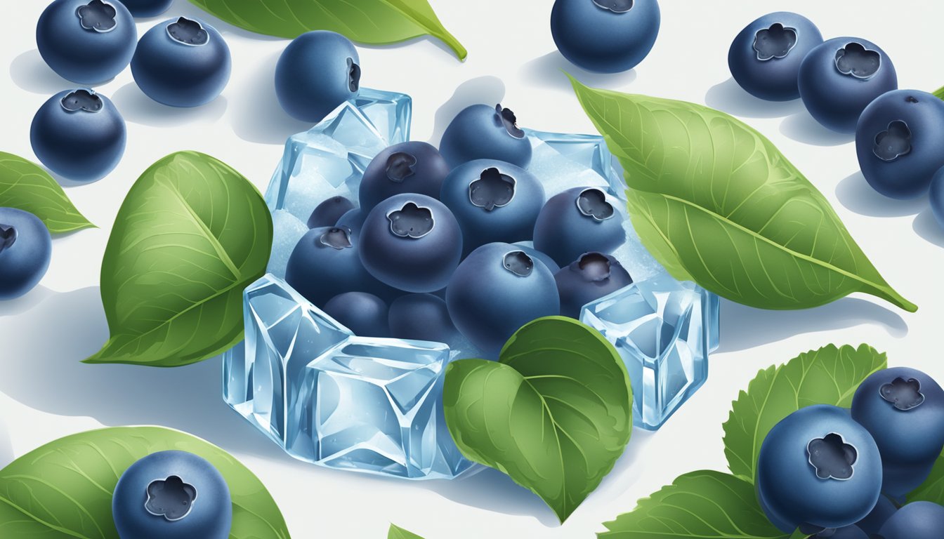 A frozen blueberry surrounded by ice and a fresh blueberry surrounded by leaves, with arrows pointing to each, indicating their environmental impact