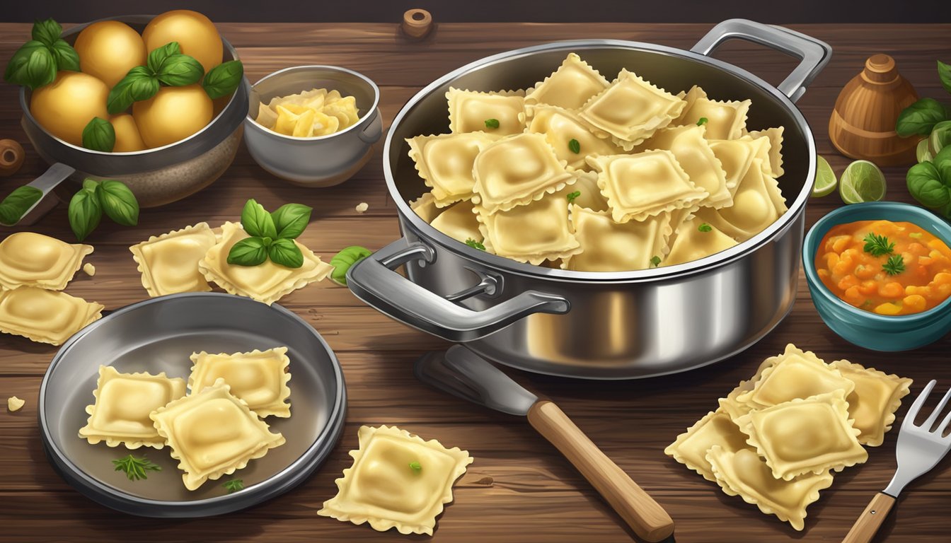 A steaming pot of fresh ravioli sits next to a pile of frozen ravioli on a rustic wooden table, surrounded by colorful ingredients and cooking utensils