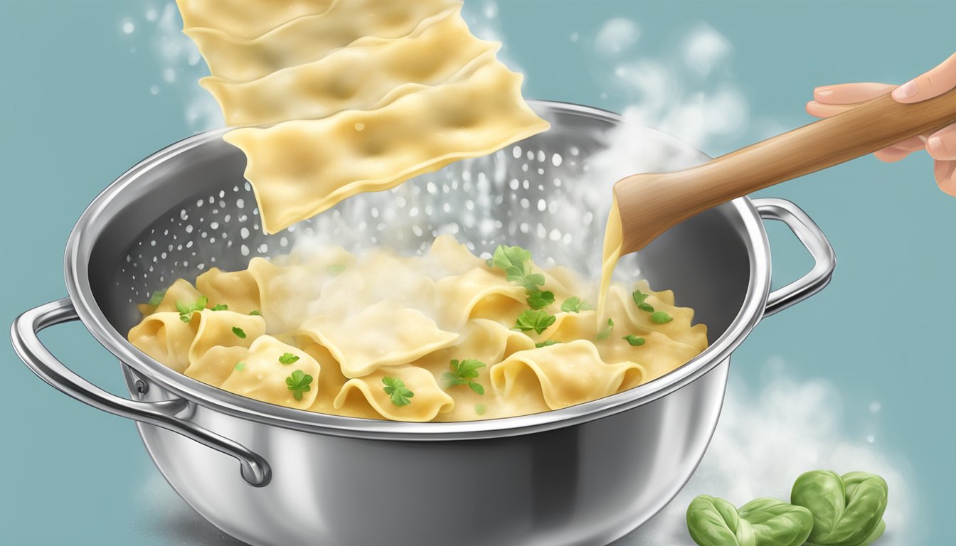 A steaming pot of frozen ravioli being poured into a colander, steam rising as the ravioli hits the colander