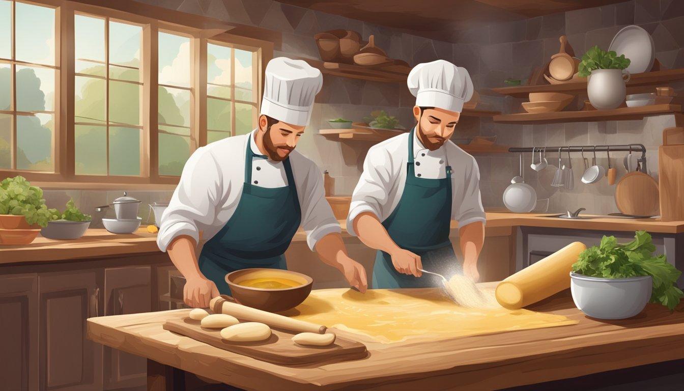 A rustic kitchen with fresh ingredients on a wooden table, a chef rolling out dough, and a pot of boiling water