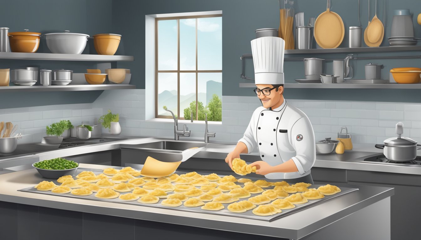 A chef prepares and serves both frozen and fresh ravioli in a modern kitchen, showcasing the contrast between convenience and quality