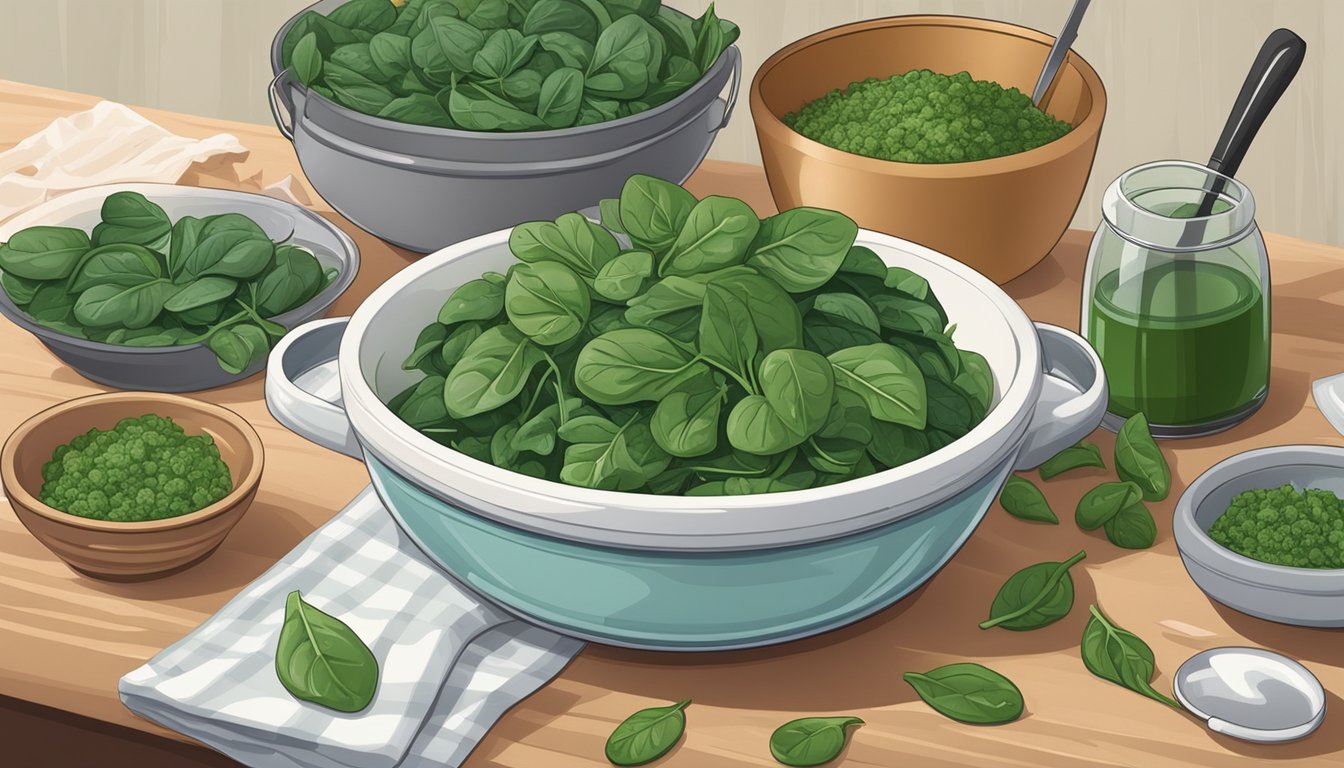 A pile of fresh spinach leaves and a bag of frozen spinach sit side by side on a kitchen counter, surrounded by various cooking utensils and ingredients