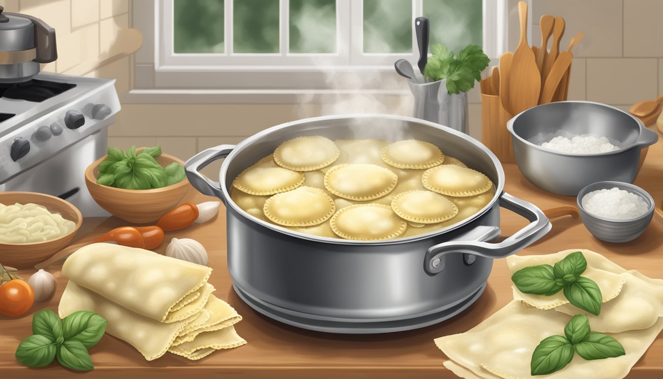 A steaming pot of fresh ravioli sits next to a bag of frozen ravioli on a kitchen counter, surrounded by various cooking utensils and ingredients