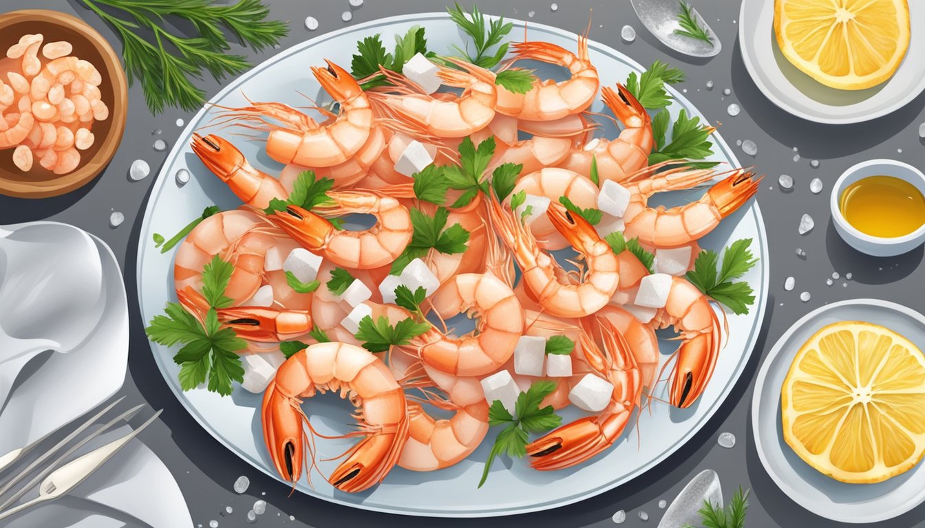 A plate with fresh shrimp next to a plate with frozen shrimp, surrounded by various cooking utensils and ingredients