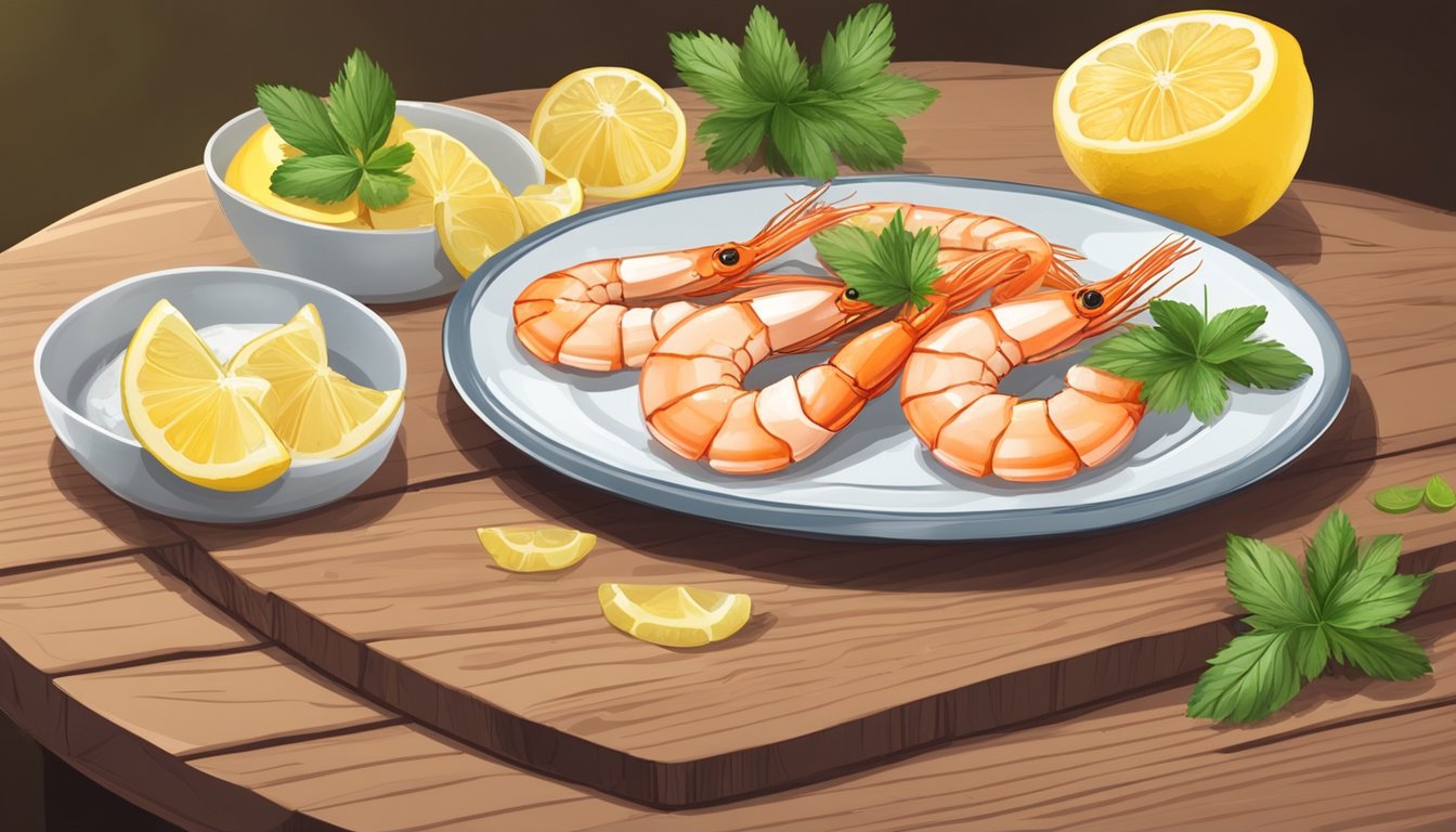 A plate with a cooked fresh shrimp next to a plate with a cooked frozen shrimp, both garnished with lemon slices and herbs, on a wooden table