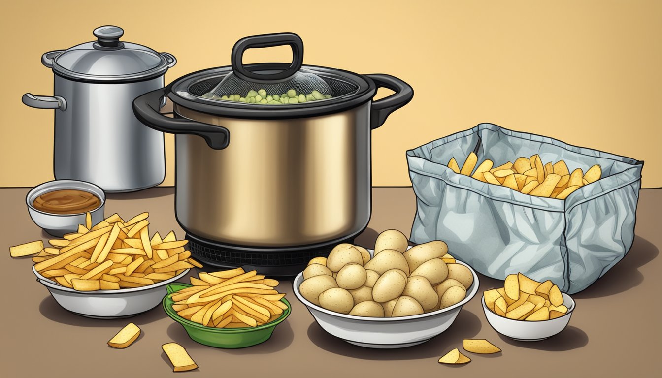 A steaming pot of freshly boiled potatoes next to a bag of frozen fries, showcasing the difference in texture and cooking convenience