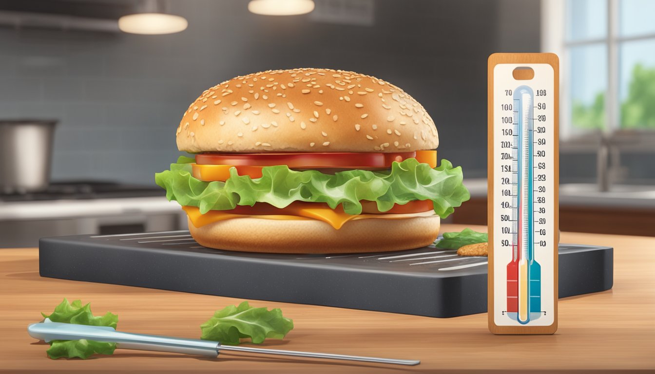 A frozen burger sits next to a fresh burger on a clean cutting board, with a thermometer and packaging in the background