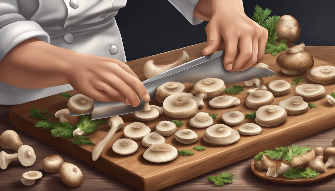 A chef slices fresh mushrooms while frozen ones sit on a cutting board