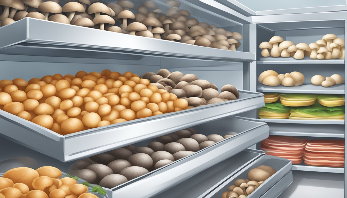 A freezer and a pantry face off, with frozen mushrooms on one side and fresh mushrooms on the other, each vying for shelf space