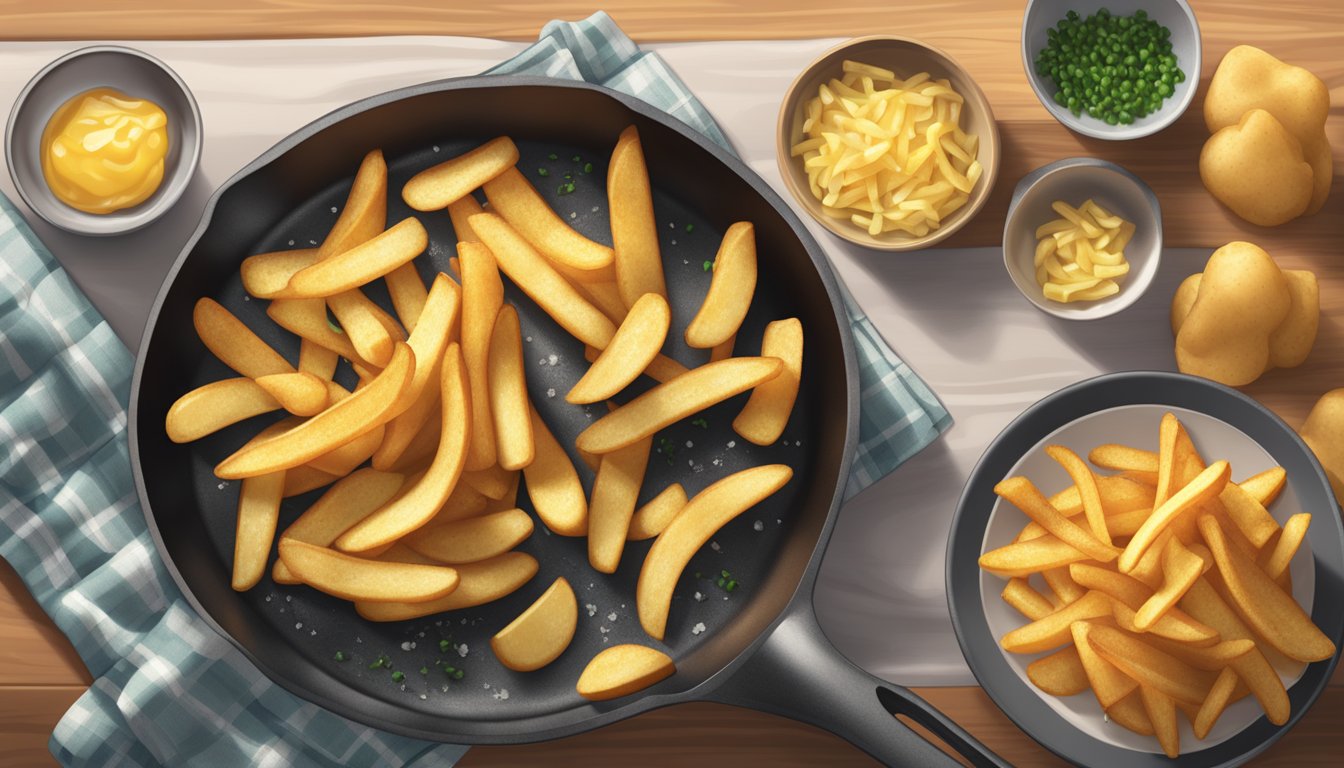 A sizzling skillet with crispy golden fries next to a bag of frozen potatoes on a kitchen counter