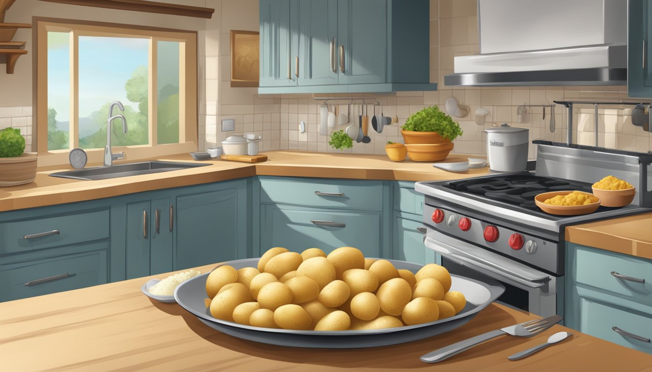 A kitchen scene with fresh and frozen potatoes, showcasing their different textures and cooking methods. A scale and price tag highlight economic factors